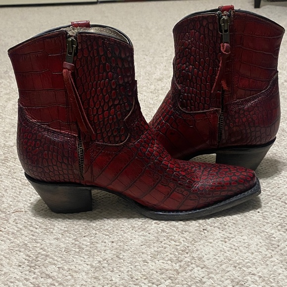 freebird Shoes - Freebird Red Croc-Embossed Ankle Boots